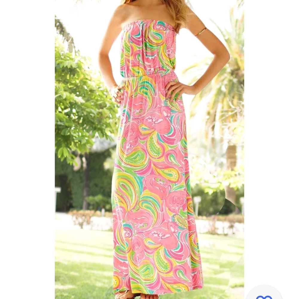 Lilly Pulitzer Marlisa All Nighter Print Slub Jersey Strapless Maxi Dress Small